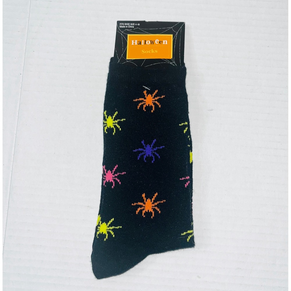 Kohls Halloween Socks Womens Black Neon Spider Pattern Crew Socks Size 9-11 NEW